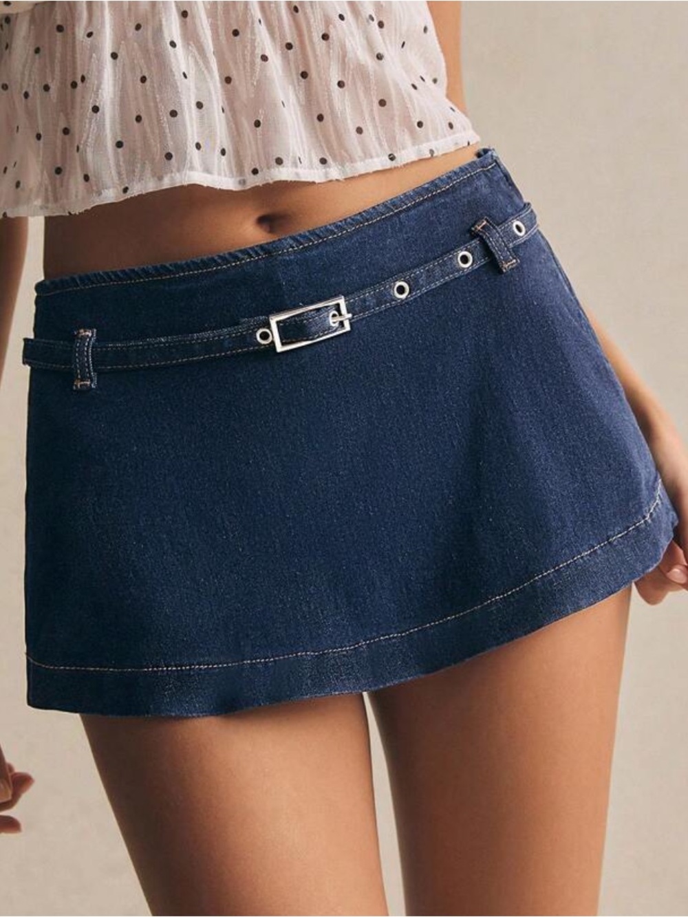 Denim Mini Skort with Decorative Belt - Blue